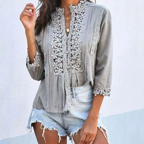 Gray Bohemian Lace Crochet Button Front Blouse - Picture 4 of 5